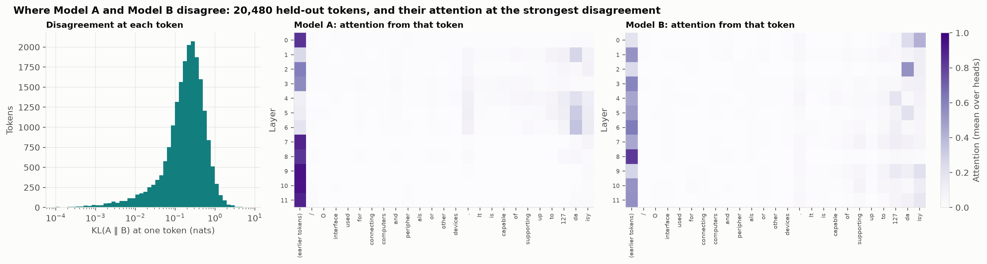 Per-token KL between the two models, and each model's attention at the strongest disagreement