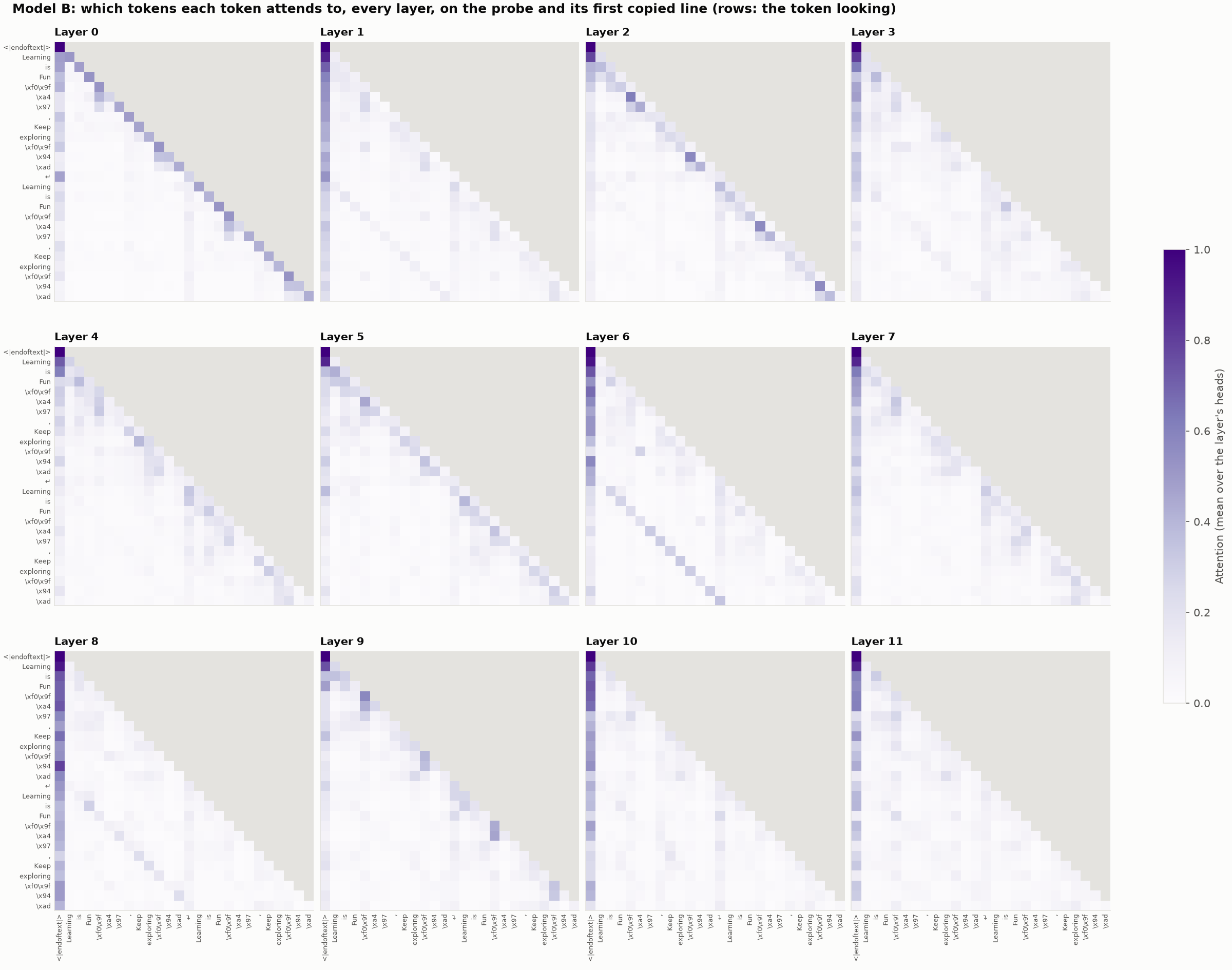 Model B: token-to-token attention in every layer, on the probe and its first copied line
