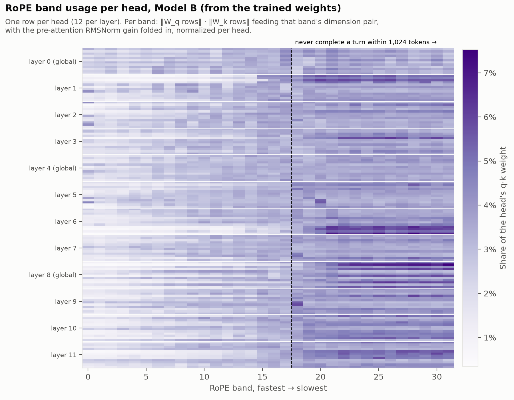 Which RoPE bands each of Model B's 144 heads uses, measured from the trained weights